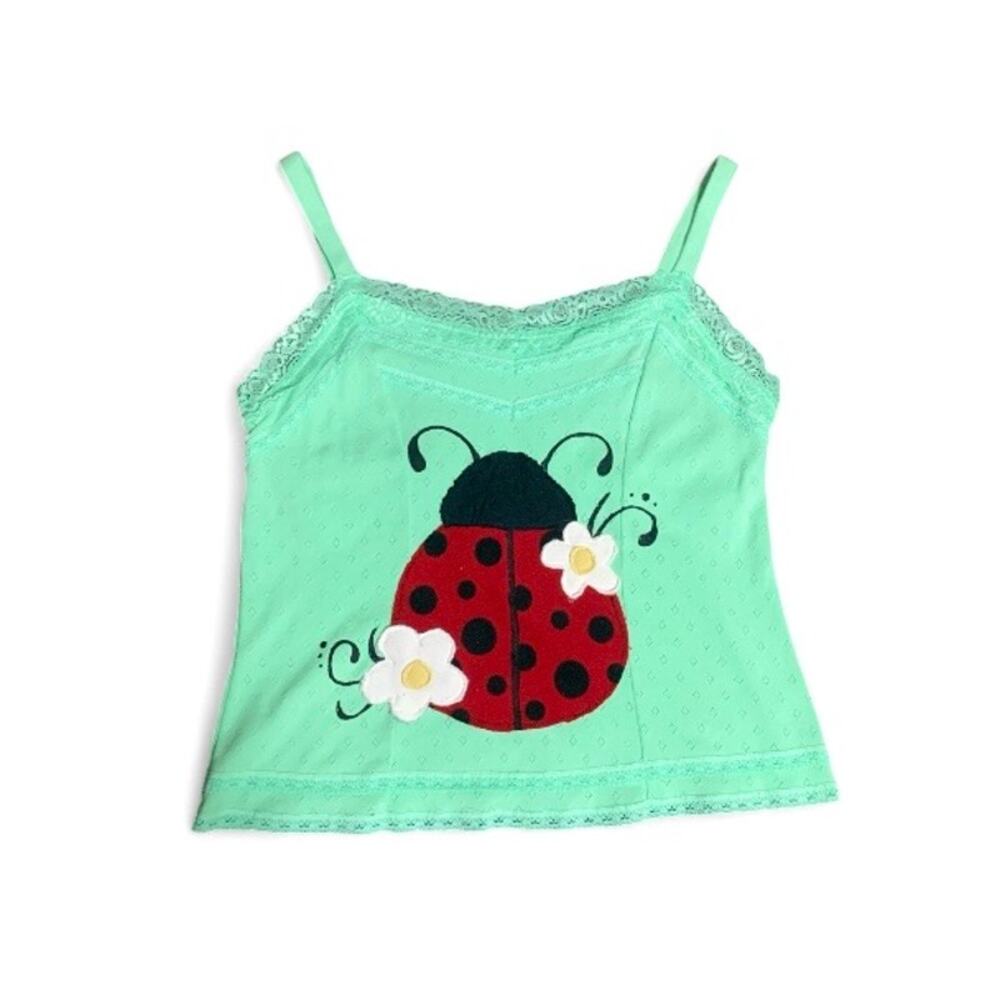 Custom Upcycled Ladybug Patchwork Lace Tank Green Size M One of a Kind